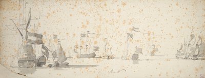 一艘美国游艇和停泊的荷兰船只，约 1664 年（石墨，灰水彩） 作者 威廉·范·德·维尔德·韦尔德