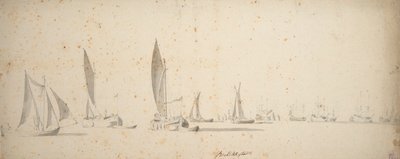 微风中的吃水船、wijdschips 和 waterschips，约 1664 年（石墨、灰水彩画） 作者 威廉·范·德·维尔德·韦尔德