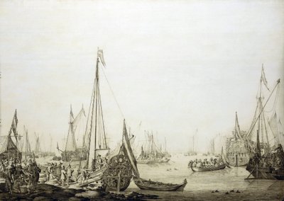 这幅画描绘了拥挤港口中的各种船只，在历史上与 1660 年英国查理二世（1630-1685 年）在恢复英国王位期间前往海牙（荷兰）的航行有关。 作者 威廉·范·德·维尔德·韦尔德