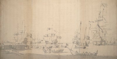 约 1672 年，在拥挤的港口拖上岸的魏斯基特人（石墨）。 作者 威廉·范·德·维尔德·韦尔德