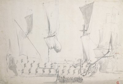 轻风中的英国四流选手，约 1681 年（石墨、灰水彩） 作者 威廉·范·德·维尔德·韦尔德