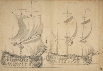 轻松航行中的英国三等舱和四等舱，约 1677 年（铅笔、水彩） 作者 威廉·范·德·维尔德·韦尔德
