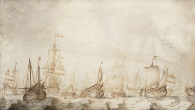 北海的荷兰鲱鱼渔船。水墨画（27.4x47.6 厘米），老威廉-凡-德-维尔德（William van de Velde the Elder，约 1611-1693 年）作，约 1650 年。 作者 威廉·范·德·维尔德·韦尔德