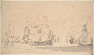 1673 年 6 月，微风中的英国船只，一艘凯奇艇和一艘加里奥特艇，约 1673 年（铅笔、水彩、钢笔、棕色墨水） 作者 威廉·范·德·维尔德·韦尔德