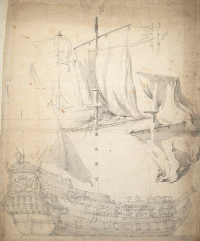 坎普韦雷"（？）肖像，约 1664 年（胶印、石墨、灰水彩） 作者 威廉·范·德·维尔德·韦尔德