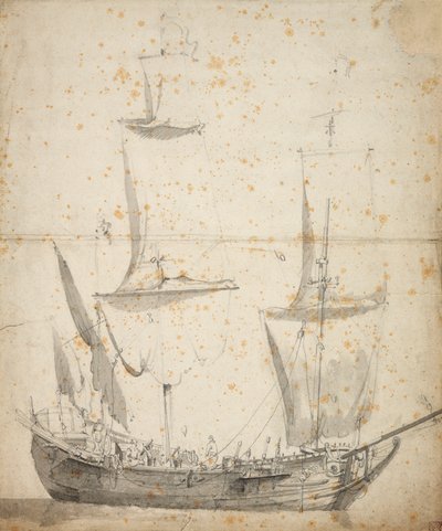 一艘荷兰小商船的肖像，约 1665 年（石墨，灰水彩） 作者 威廉·范·德·维尔德·韦尔德