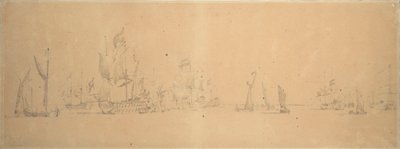 轻风中的荷兰舰队，约 1666 年（石墨，灰水彩） 作者 威廉·范·德·维尔德·韦尔德