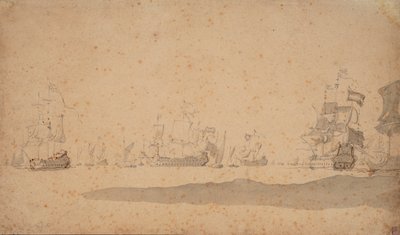 荷兰舰队卧倒，可能于 1672 年 5 月，约 1672 年（石墨，灰水彩） 作者 威廉·范·德·维尔德·韦尔德