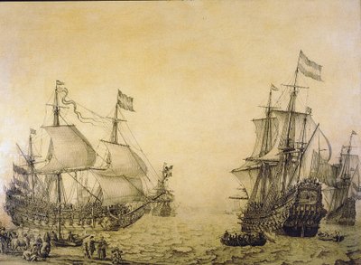 从两个角度描绘了离开海岸的荷兰船只 "Oosterwijk "号。木板上的格栅画 作者 威廉·范·德·维尔德·韦尔德