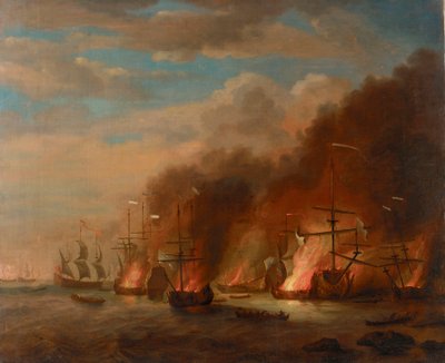 1692 年 5 月 23 日，拉霍格战役中焚烧 "Soleil Royal "号，17 世纪晚期（布面油画） 作者 威廉·范·德·维尔德·韦尔德