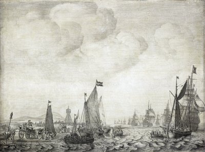 1645 年 6 月 9 日，前往东方的商船及其护卫离开 Vlie（或 Vliestroom），Vlieland 岛和 Treschelling 岛（荷兰）之间的海上航线 作者 威廉·范·德·维尔德·韦尔德