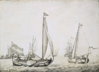两艘荷兰船只正在起航，可能是在阿姆斯特丹港（荷兰）。木板格栅画，约 1660 年，作者威廉-凡-德-维尔德（Willem van de Velde，1611-1693 年）。 作者 威廉·范·德·维尔德·韦尔德