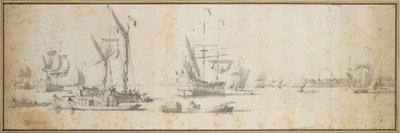 港口停泊的两只狗和一艘船，约 1681 年（石墨，灰水彩） 作者 威廉·范·德·维尔德·韦尔德