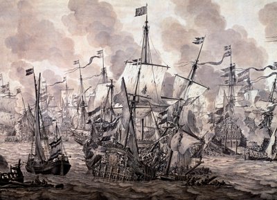 荷兰和瑞典舰队之间的海峡之战，1658 年 11 月 8 日。细节 - 油画和水墨画 作者 威廉·范·德·维尔德·韦尔德