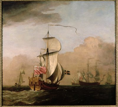 Albemarle的第二任公爵Ketch左边有一艘游艇，右边有三艘战舰 作者 Willem van de Velde the Younger