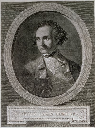 詹姆斯库克船长 (1728-79) 的肖像，来自“环游世界南极之旅”的卷首（雕刻） 作者 威廉（之后）霍奇斯