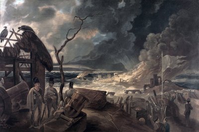 战争的后果，有士兵和大炮的场景。根据威廉-霍奇斯（William Hodges，1744-1797 年）的画作绘制的彩色印刷品。 作者 威廉（之后）霍奇斯