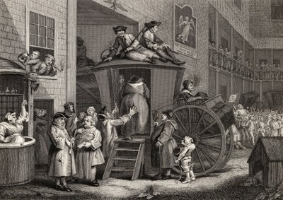 Country Inn Yard，由 Timothy Engleheart（1803-79 年）从“霍加斯的作品”中雕刻，1833 年出版（石版印刷） 作者 威廉（继）霍加斯