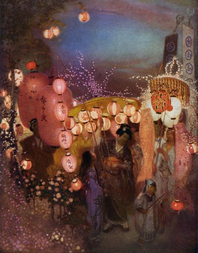 日本节日期间提着灯笼的妇女和儿童（彩色石版画） 作者 威廉（后）沙克尔顿