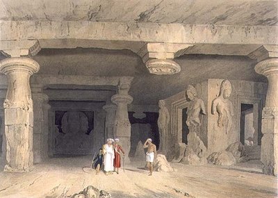 1803年孟买附近的埃莱芬塔大洞穴寺庙内部，摘自《印度风光、服饰和建筑》第二卷，由J. Baily雕刻，由Smith, Elder and Company出版。 作者 威廉（继）韦斯托尔