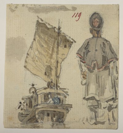 119 船和人物研究，选自马戛尔尼勋爵于 1792 年至 1794 年间出使中国期间绘制的 372 幅风景、海岸线、服饰和日常生活图册（纸面铅笔和水彩画） 作者 威廉·亚历山大