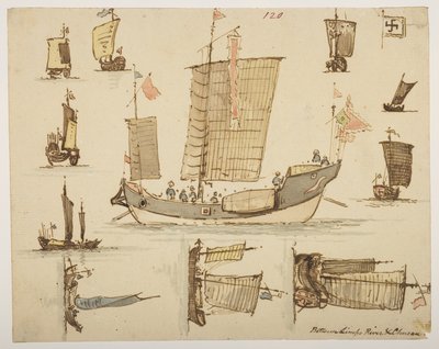 120 艘船 "林浦河与珠山之间"，选自马戛尔尼勋爵于 1792 年至 1794 年间出使中国期间绘制的 372 幅风景、海岸线、服饰和日常生活图册（纸面铅笔和水彩画） 作者 威廉·亚历山大