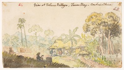 34 "图伦湾烟草村的景色--中国科钦"，选自马戛尔尼勋爵于 1792 年至 1794 年间使节中国期间绘制的 372 幅风景、海岸线、服饰和日常生活画册（纸面铅笔和水彩画） 作者 威廉·亚历山大