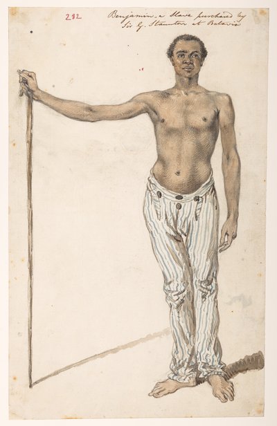 Benjamin - a Slave purchased by Sir G. Staunton at Batavia. "这本画册收录了马戛尔尼勋爵出使中国期间绘制的 278 幅风景、海岸线、服饰和日常生活图画。1792 年至 1794 年间：亚历山大, 威廉（1767- 作者 威廉·亚历山大
