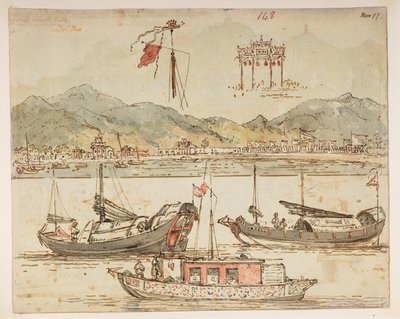 f.59 148 船和凯旋门，选自马戛尔尼勋爵于 1792 年至 1794 年间出使中国期间绘制的 372 幅风景、海岸线、服饰和日常生活画册（纸面铅笔和水彩画）。 作者 威廉·亚历山大