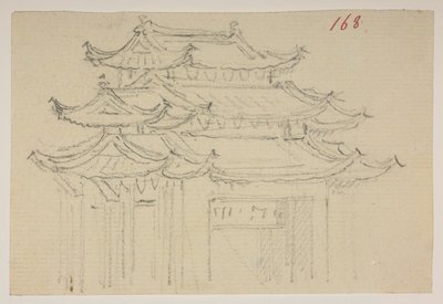 f.63 168 Temples.，选自马戛尔尼勋爵于 1792 年至 1794 年间出使中国期间绘制的 372 幅风景、海岸线、服饰和日常生活画册（纸面铅笔和水彩） 作者 威廉·亚历山大