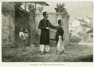 一个行走的巫师，一个盲人按摩师。巴尔博丹的版画，为1884年《Trente mois au Tonkin》的故事作插图，作者是保罗-霍夸尔医生，载于1890年的《世界之旅》，由爱德华-沙尔东（1807-1890）指导，巴黎哈谢特出版社。 作者 威廉·巴伯汀