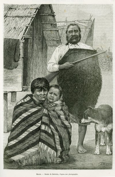 毛利人的三代人。巴尔博丹的版画，为1889年G.Verschuur的《新泽兰德之旅》故事作插图，载于1890年的《世界之旅》，由爱德华-沙特尔（1807-1890）导演，巴黎哈谢特出版社。 作者 威廉·巴伯汀