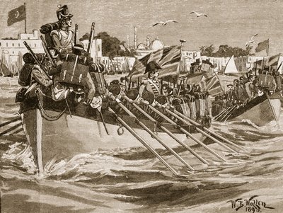 1807年从亚历山大港出发的英国军队，插图来自“卡塞尔的英国插图史”（棕褐色照片） 作者 威廉·巴恩斯（William Barnes）羊毛