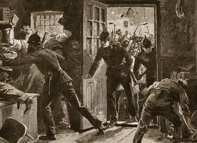 1886年全国联盟和警察之间的恩尼斯战斗，插图来自“卡塞尔的英国插图史”（棕褐色照片） 作者 威廉·巴恩斯（William Barnes）羊毛