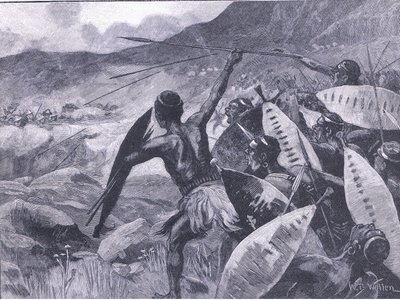 在Matoppo Hills战斗：Matabele的指控，插图来自英格兰的Cassells历史，20世纪 作者 威廉·巴恩斯（William Barnes）羊毛
