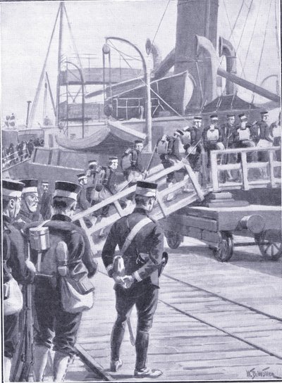 日本军队登上神户，插图来自日本战争第1卷，1900年的战争历史 作者 威廉·巴恩斯（William Barnes）羊毛