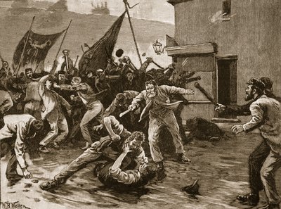 1886年贝尔法斯特的骚乱，“卡塞尔的英国插图史”中的插图（棕褐色照片） 作者 威廉·巴恩斯（William Barnes）羊毛