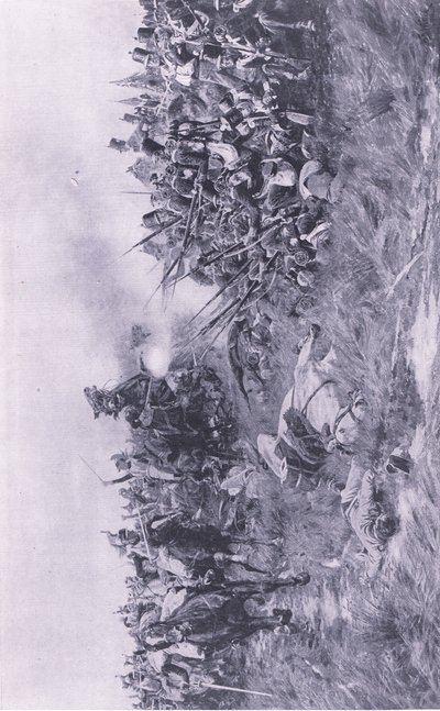 1815年6月18日在滑铁卢接收法国骑兵的第28个格洛斯特团，1915年英国陆地和海上战役的插图 作者 威廉·巴恩斯（William Barnes）羊毛