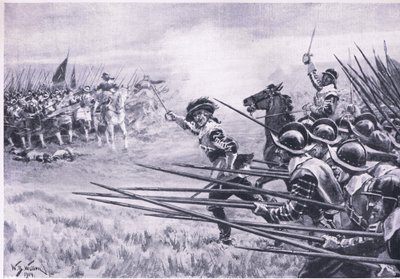 1645年6月在纳斯比的保皇党步兵的指控，1915年英国陆地和海上战役的插图 作者 威廉·巴恩斯（William Barnes）羊毛