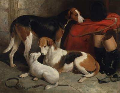 一对亨利·本丁克勋爵的猎狐犬与梗犬，摄于1845年（布面油画） 作者 威廉·巴罗