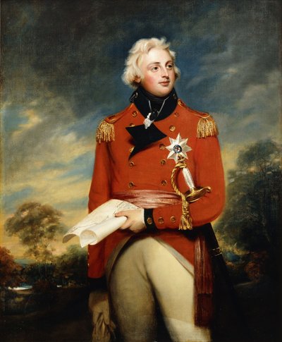 格洛斯特第二公爵威廉·弗雷德里克（William Frederick）的肖像，长四分之三，穿着三军卫队上校制服和吊袜带胸章，并在森林茂密的景观中举行竞选计划， 作者 威廉·比奇