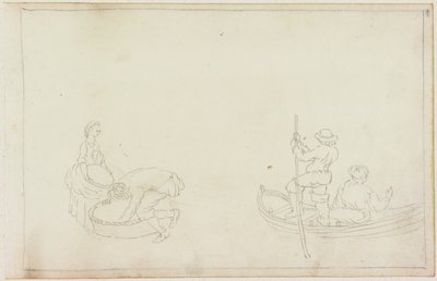 两个驳船，男人和女人用篮子（铅笔在纸上（在纸上与M749）） 作者 威廉·比尔比