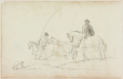 马背上的两个男人与两匹马和狗（铅笔和水彩（洗）在纸上（与M751纸上）） 作者 威廉·比尔比