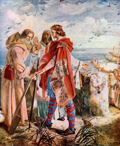 埃格弗里斯（Egfrith）向赫斯伯特（Cuthbert）提供赫克瑟姆主教（678），约1920年 作者 威廉·贝尔·斯科特