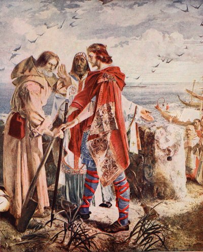 Egfrith向Cuthbert提供了赫克瑟姆的主教，678，“哈钦森的英国民族故事”中的插图，c.1920 作者 威廉·贝尔·斯科特