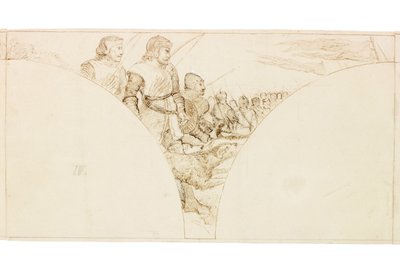 Wallington Hall壁画素描（墨水和铅笔在纸上（贴在卡片上）） 作者 威廉·贝尔·斯科特