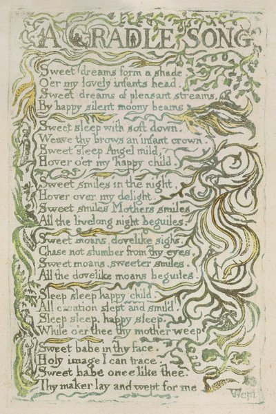 《天真之歌》（Songs of Innocence）的第25幅版画《摇篮之歌》（A Cradle Song），1789年（手绘彩色浮雕蚀刻水彩画） 作者 威廉·布雷克