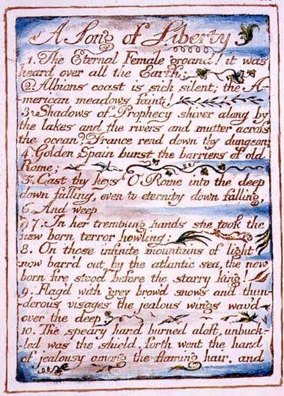 自由之歌》，摘自《天堂与地狱的婚礼》，约1790-3（用钢笔和水彩完成的浮雕版画）。 作者 威廉·布雷克