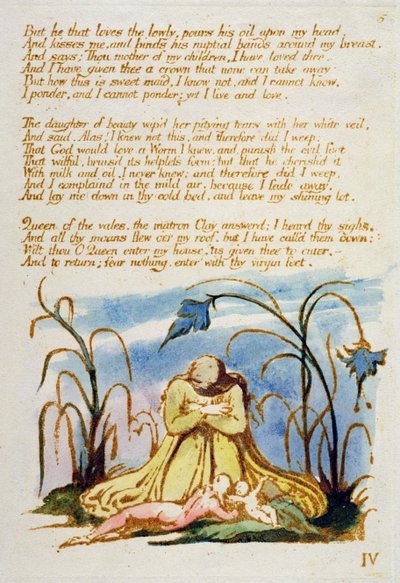 “但他喜欢低调的......”，1789年的“The Book of Thel”中的第7页（用笔和纸上的手工彩色浮雕蚀刻） 作者 威廉·布雷克
