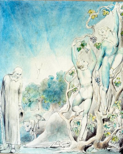 科摩斯遇到了忙着采摘水果喂养夫人的兄弟之一。19世纪（水彩画） 作者 威廉·布雷克